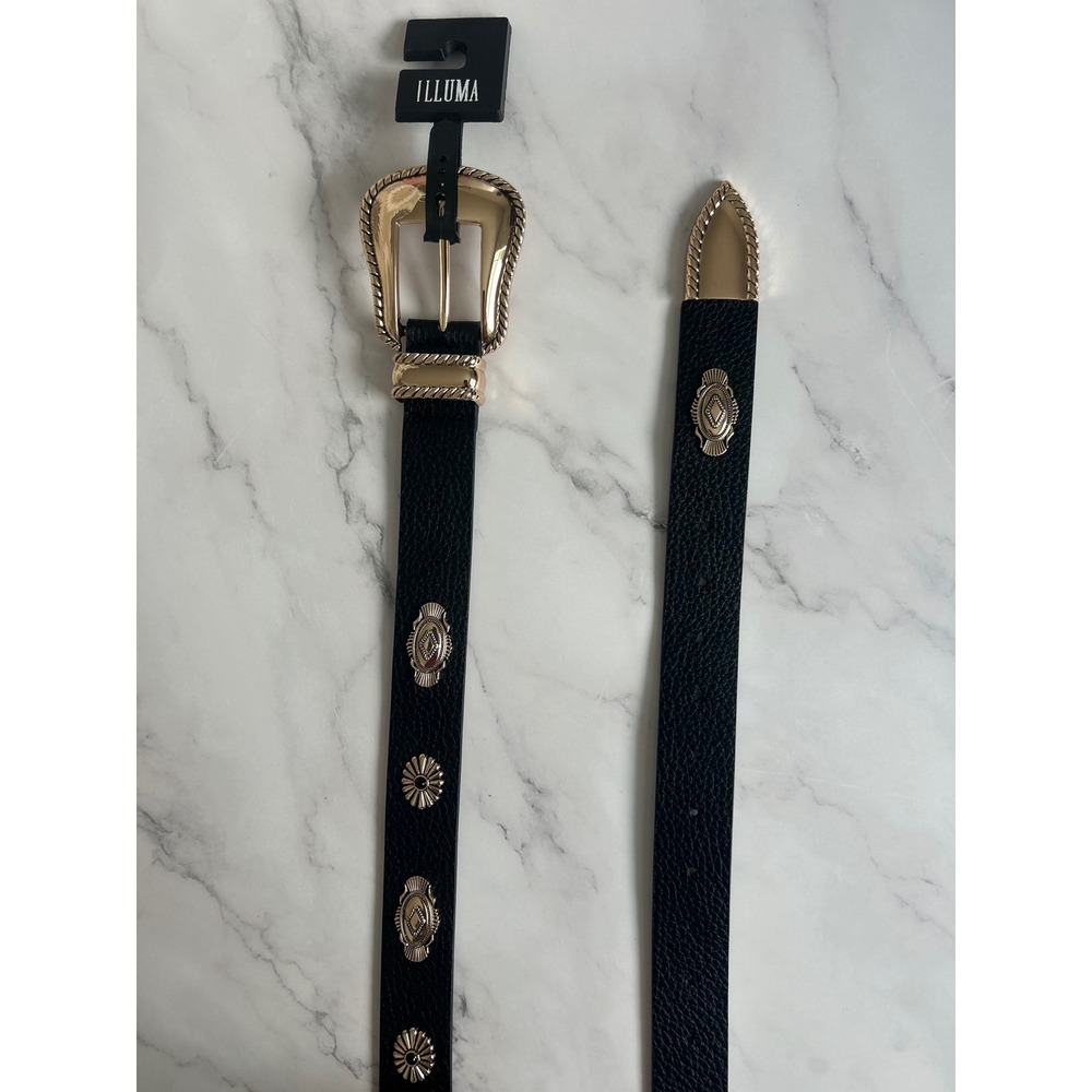 Illuma Womens Western Belt Black Gold‎ Concho Buckle New